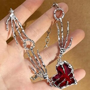 Silver plated Skeleton Hand Necklace with Red Heart pendant and adjustable ring